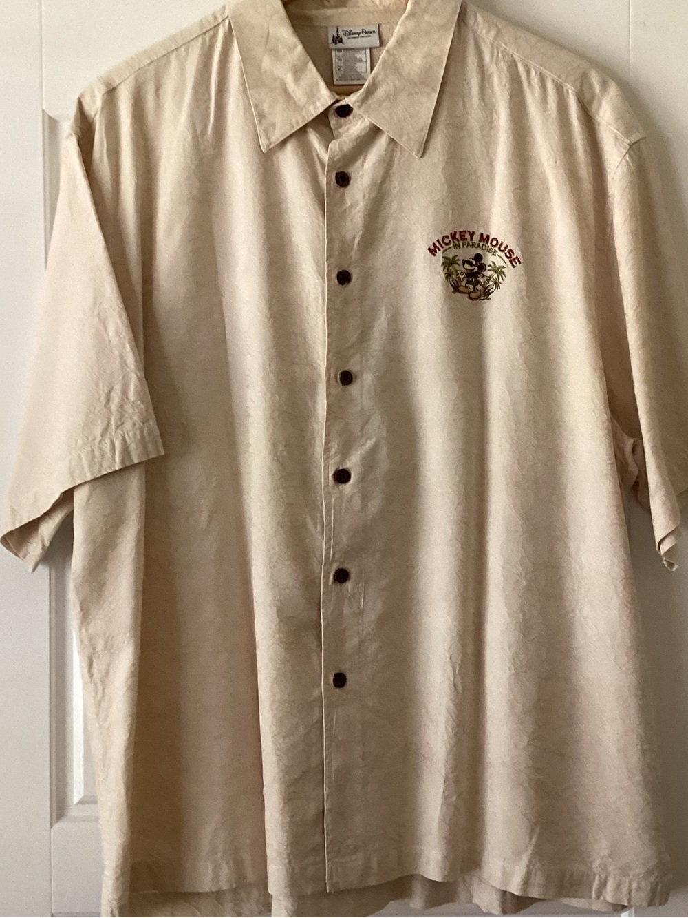 Disney Cream Short-Sleeve Button-Up Shirt with Embroidered Mickey Accent